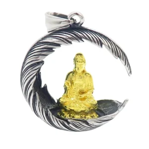 Anhänger Goldener Buddha mit Feder silber aus Edelstahl Unisex