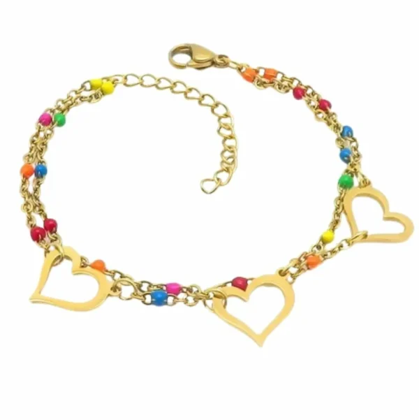 Armband bunte Perlen und Herzen goldfarben aus Edelstahl Damen