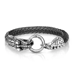 Armband Drachen Silber/Schwarz aus Edelstahl/Leder Unisex