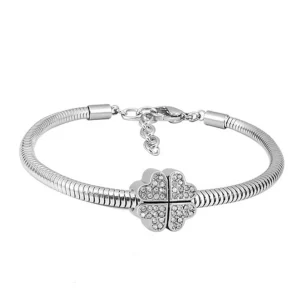 Armband Schlangenkette mit Kleeblatt-Anhänger Kristall Silber aus Edelstahl Damen