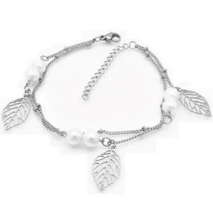 Bettelarmband Blätter & Perlen Silber aus Edelstahl Damen