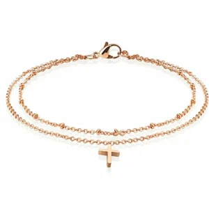 Bettelarmband doppelt mit Kreuz Charm Rosegold aus Edelstahl Damen