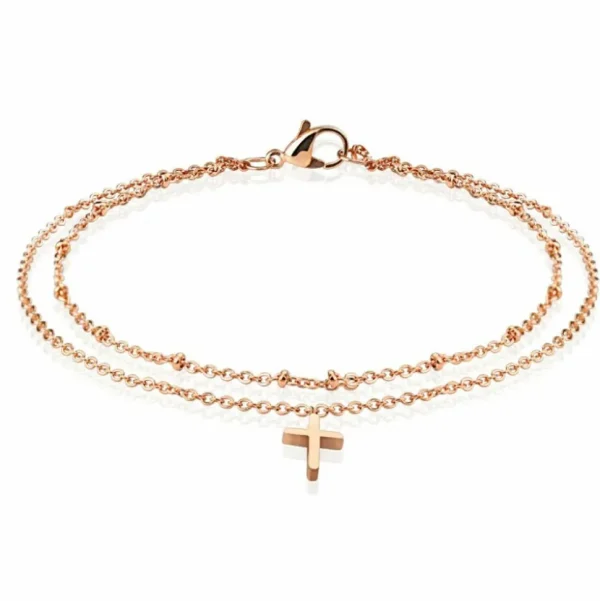 Bettelarmband doppelt mit Kreuz Charm Rosegold aus Edelstahl Damen