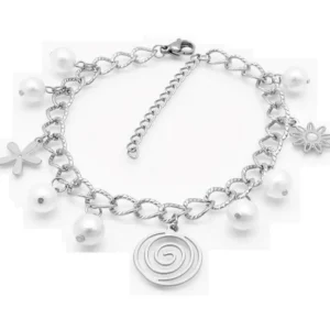 Bettelarmband Spirale, Perlen & Blümchen Silber aus Edelstahl Damen