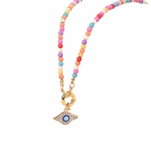 Kette Choker Perlen pastell/goldfarben Evil Eye Messing Damen