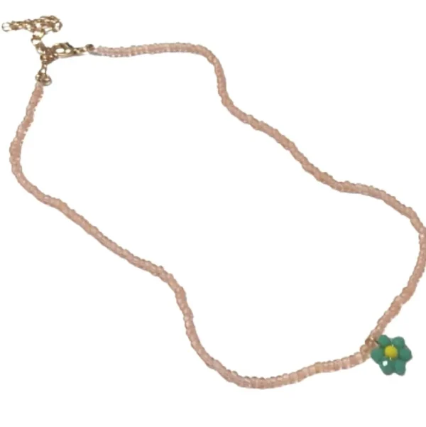 Kette Choker Perlen rosé mit grüner Blüte aus Kunststoff Damen