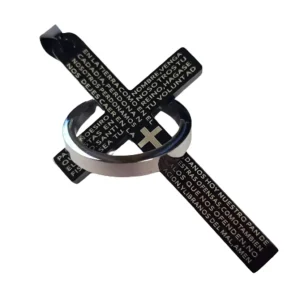 Kreuz-Anhänger mit Ring und Gebetstext schwarz aus Edelstahl Unisex