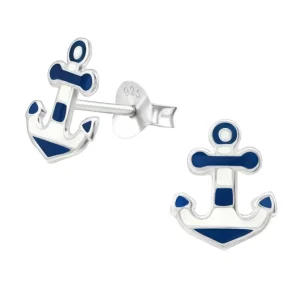 Ohrstecker Anker blau-weiss aus .925 Silber Kinder