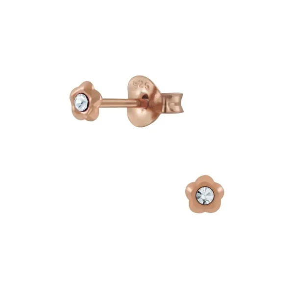 Ohrstecker Blümchen mit rundem Kristall 3mm Rosegold aus 925 Silber Damen