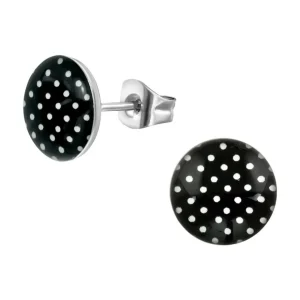 Ohrstecker Rund Schwarz mit weißen Punkten 10mm Rockabilly aus Edelstahl Unisex