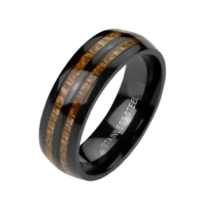 Ring doppeltes Holz-Inlay schwarz aus Edelstahl Unisex