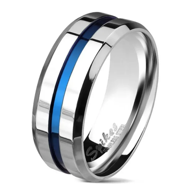 Ring mit blauem Streifen und abgeschrägten Kanten Silber aus Edelstahl Herren