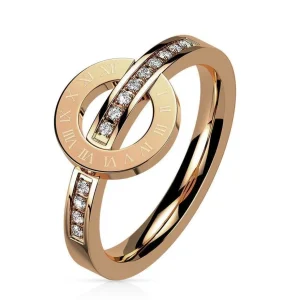 Ring römischer Ziffernkreis und Kristalle roségold 2,5 mm breit aus Edelstahl Damen