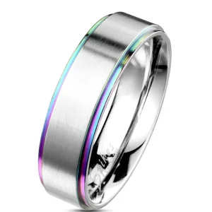 Ring Silber gebürstet mit Regenbogen Außenringen Edelstahl Unisex