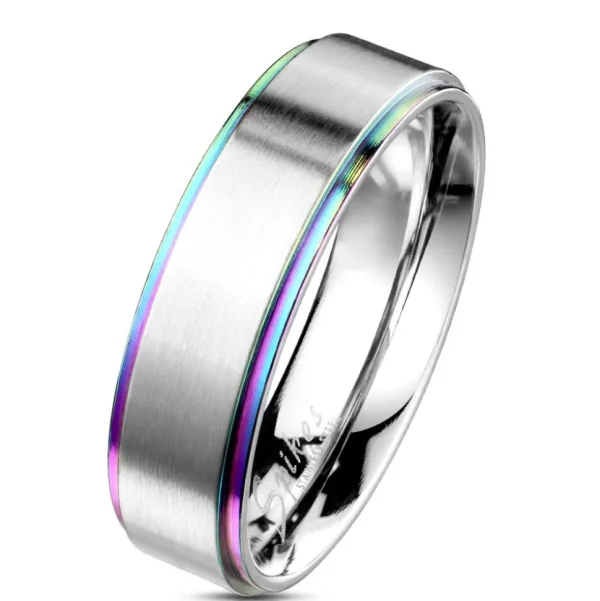 Ring Silber gebürstet mit Regenbogen Außenringen Edelstahl Unisex