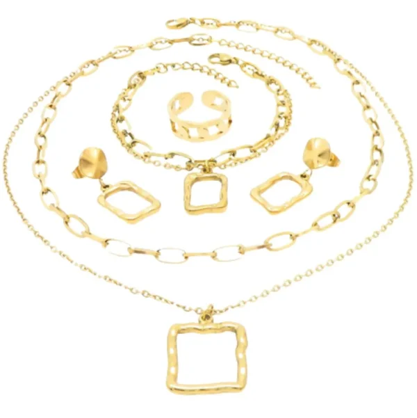 Schmuckset vierteilig mit Layer-Kette gold aus Edelstahl Damen