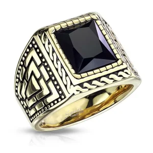 Siegelring klassisch gold mit schwarzem Onyx Stein aus Edelstahl Unisex