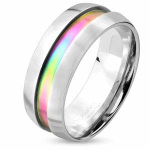 64 (20.4) Silberner Edelstahlring mit Regenbogen Mittelring 49-70 Damen & Herren