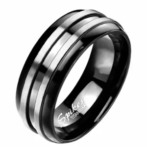 Titan-Ring schwarz mit zwei silbernen Streifen Unisex